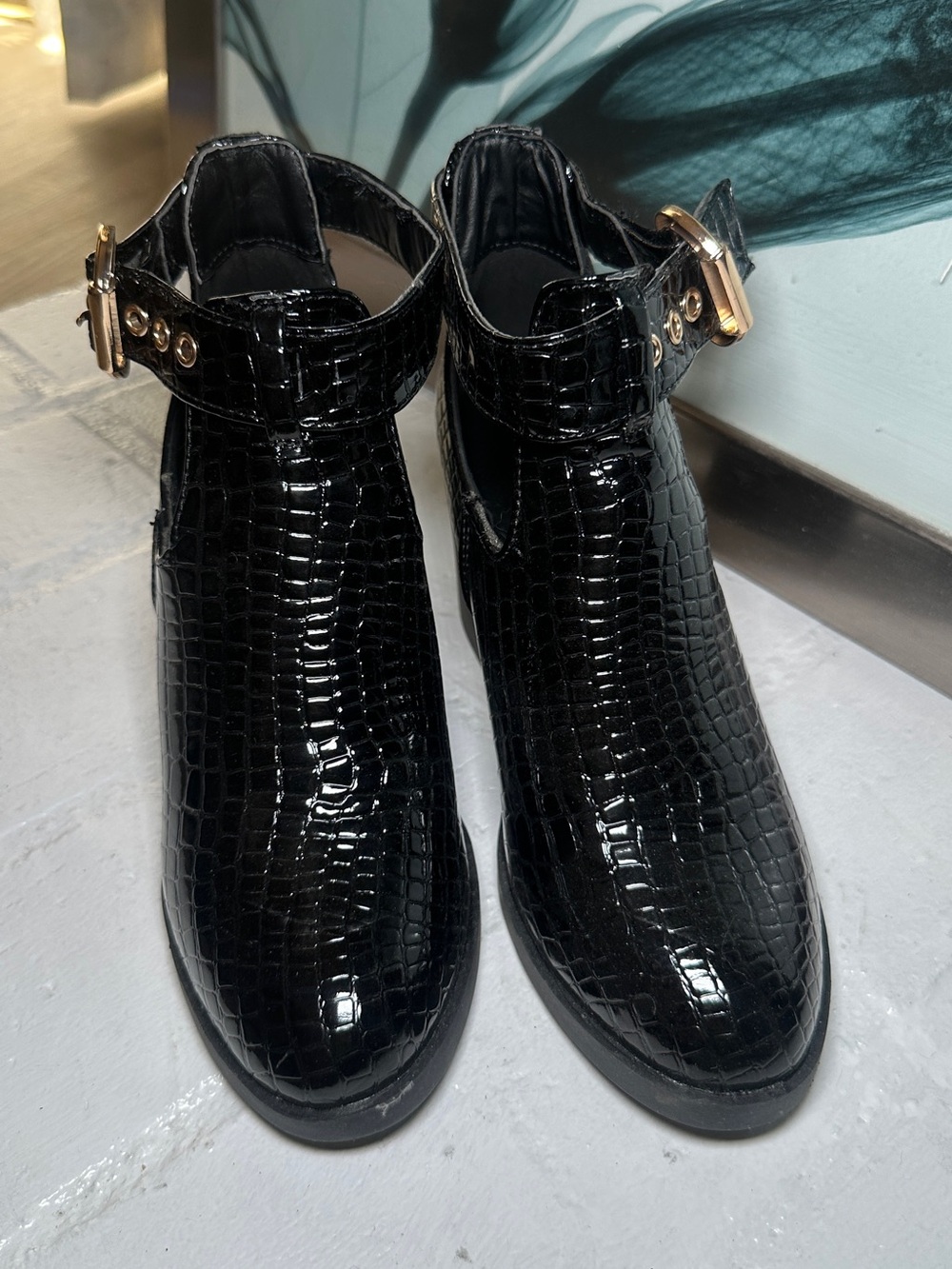 Topshop Black Croc Patent Ankle Booties with Gold Buckle